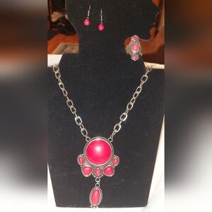 Red Howlite Pendant Necklace Set With 2 Pairs Earrings And Ring